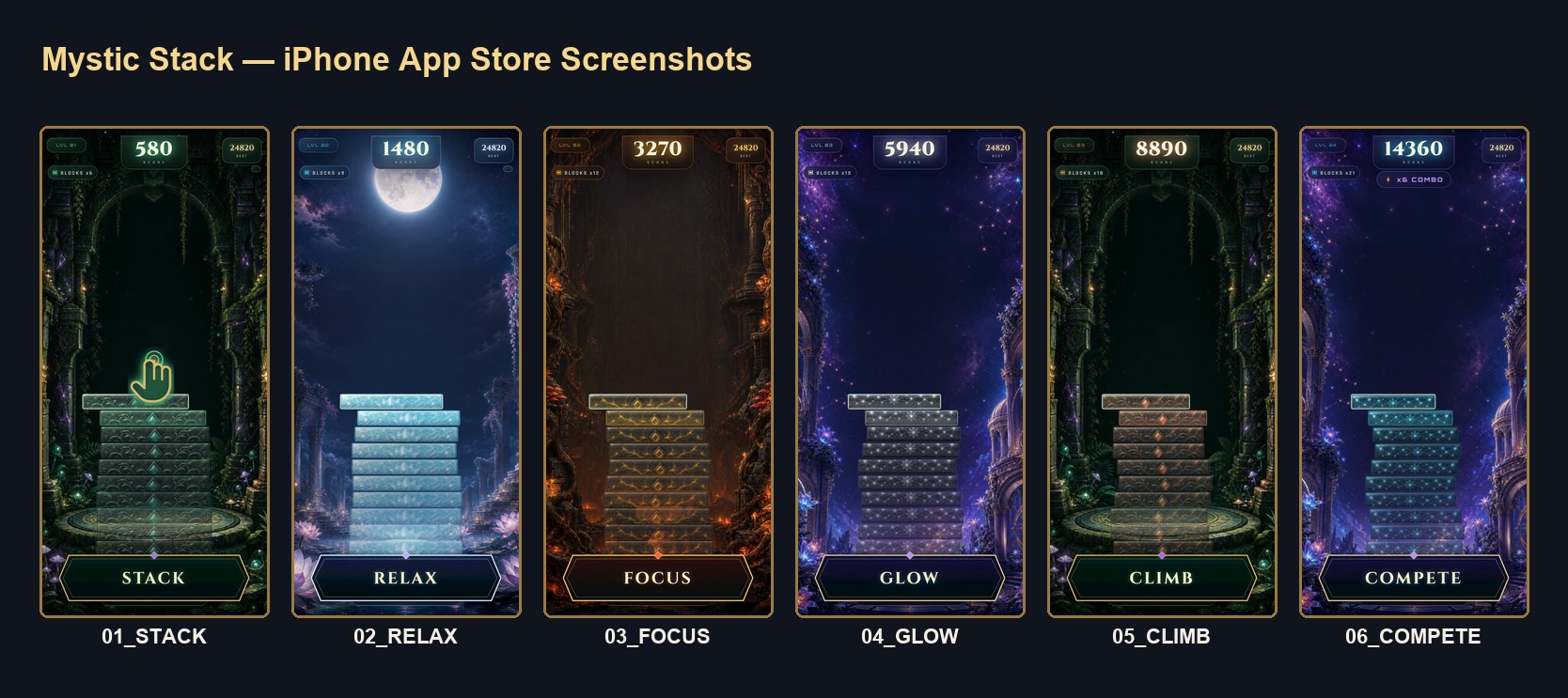 Mystic Stack fantasy tower game screenshots