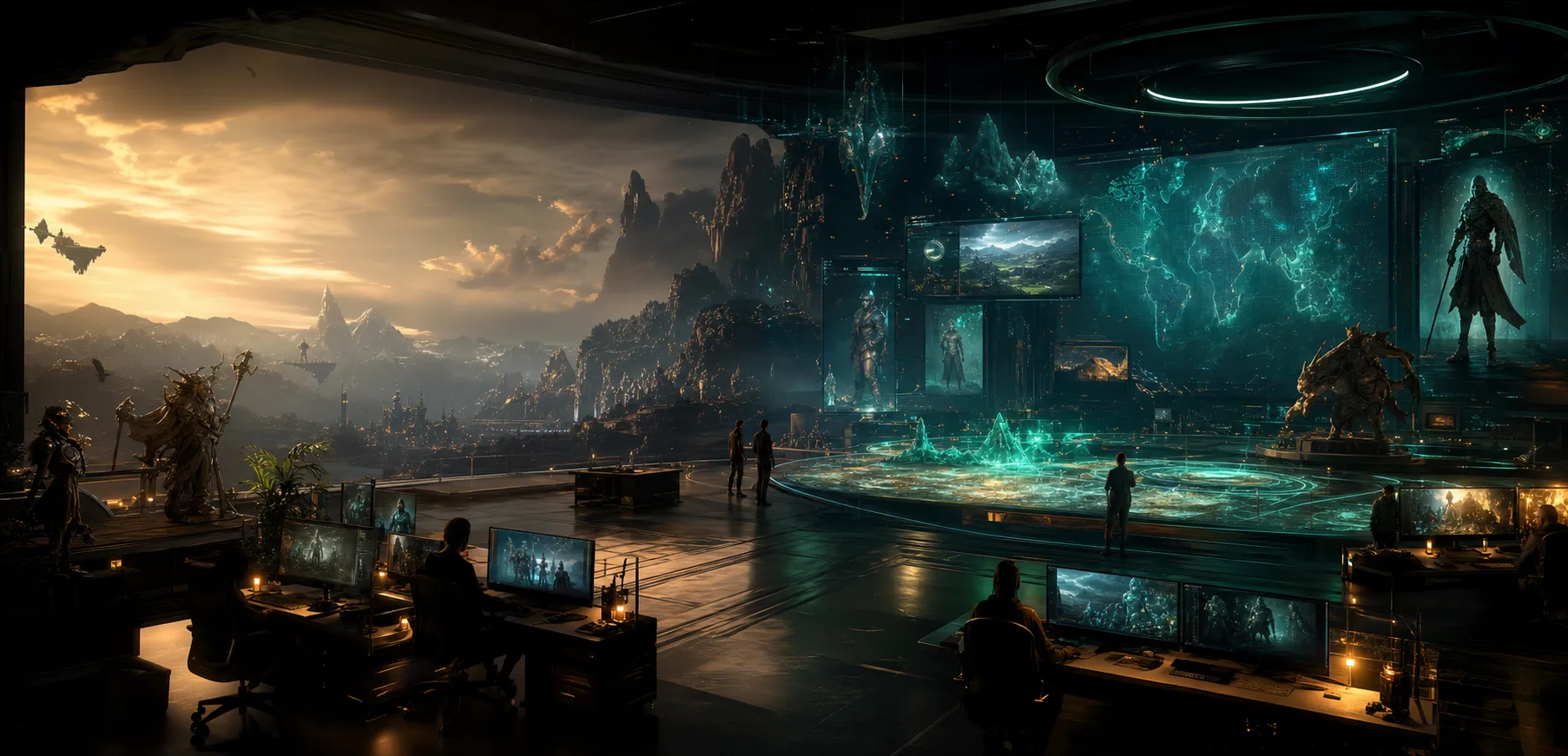 A cinematic game development studio overlooking a fantasy world